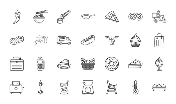 Food and delivery line icon set. Vector pictograms of chili, ramen, sushi, pizza, food truck, hot dog, cupcake, donut, and delivery scooter, thin linear illustration.