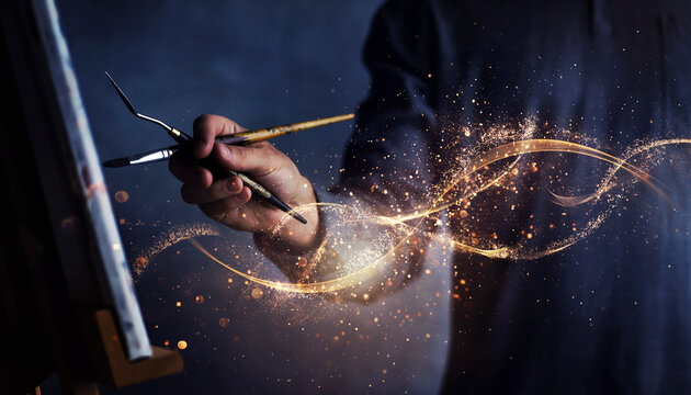 Creative Flow State: Artist's Hand with Magical Golden Sparks - Powered by Adobe