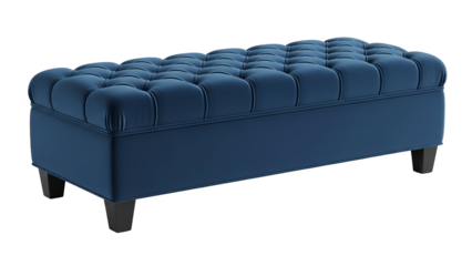 Dark blue, button-tufted ottoman with rectangular shape, on dark background