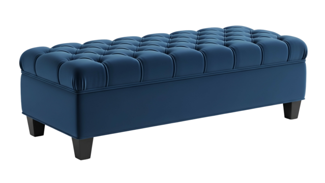 Dark blue, button-tufted ottoman with rectangular shape, on dark background
