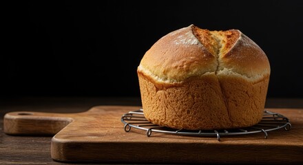 Close up image of a golden brown, crusty loaf of artisanal bread cooling on a rustic wooden cutting board ,flour ,surface ,texture