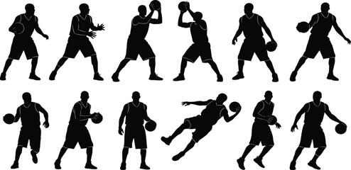 Comprehensive black basketball player silhouettes set collection engaging in court actions like dribbling, passing, guarding, 