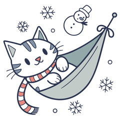 A Happy American Shorthair with in a hammock in a Winter theme – Winter Wonderland palette SVG illustration