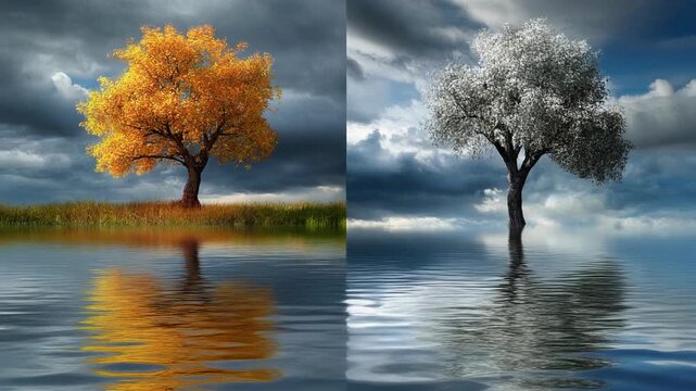 Split image of golden tree reflecting in autumn water versus stark white tree reflecting in winter water on a cloudy day.