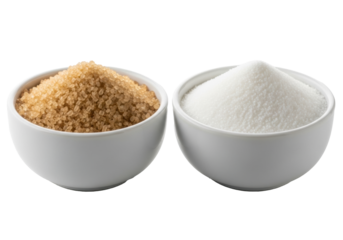 Two small white ceramic bowls, one with coarse light brown raw sugar, one with fine white sugar, side by side on a bright white background, sharp focus, Concept for commercial food comparison