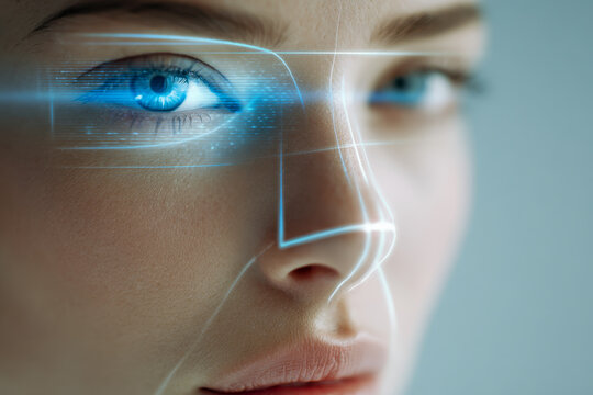 Futuristic close-up of a woman?s face with digital biometric scanning and blue glowing eye technology for identity recognition systems