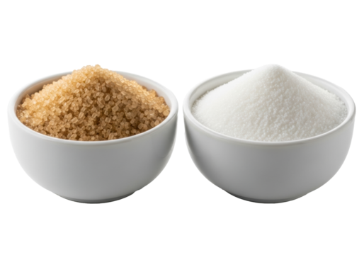Two small white ceramic bowls, one with coarse light brown raw sugar, one with fine white sugar, side by side on a bright white background, sharp focus, Concept for commercial food comparison