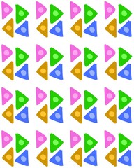 Geometric pattern featuring colorful triangles in green, blue, pink, and orange, combined with soft pastel small circls. The playful mix creates a fresh and modern abstract look