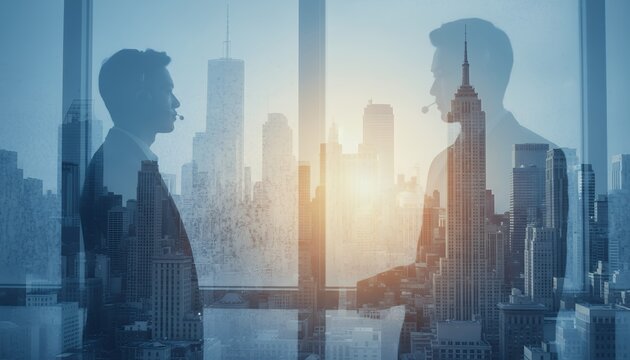Silhouettes of two businessmen wearing headsets superimposed over a cityscape with skyscrapers during a bright sunrise businessman communication office urban modern career