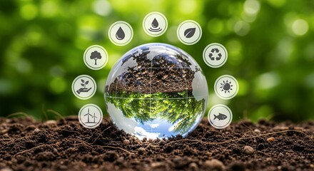 A glass globe rests on dark soil with green foliage and bokeh background encircled by icons representing nature sustainability and clean energy Ecology Environment Earth Renewable Energy