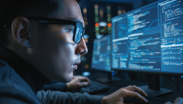Focused Programmer Working on Cybersecurity Systems
