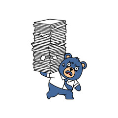 Busy bear character carrying stack of paperwork