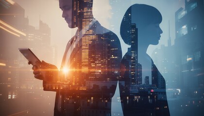 Silhouette of a man and woman back to back overlaid with a vibrant cityscape at night business concept People Corporate Urban Skyline Technology Communication Couple Collaboration