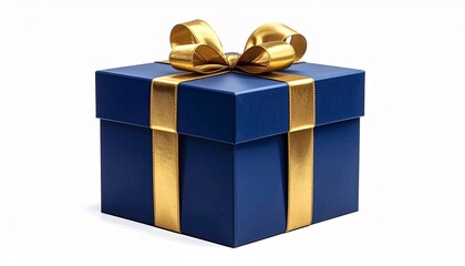 Obraz premium Dark Blue Gift Box with Golden Ribbon on White Background