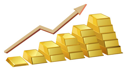 Dynamic illustration showcasing stacked gold bars with a prominent upward trend line, representing robust financial growth, market success, and increasing investment value