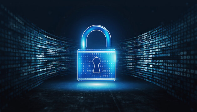 Cybersecurity Concept: Glowing Padlock on Digital Binary Code Background