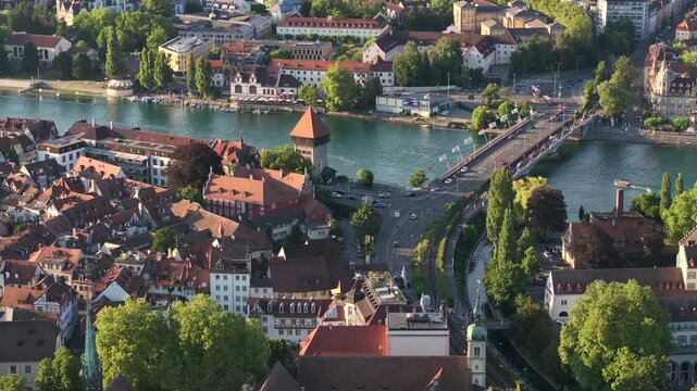 Konstanz Bodensee, Sunset time in Summer at Constance City in Germany on a Lake Shore, Aerial View, Drone Shot