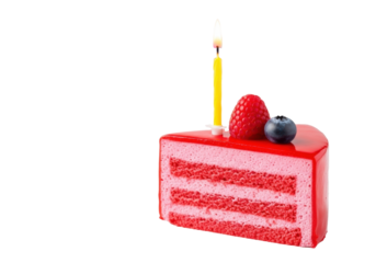 Raspberry mousse cake, pink layers, red glaze, raspberry, blueberry, flickering candle on white background with colorful letters and blurred ribbons, birthday celebration atmosphere