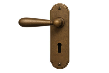 Antique brass door handle with keyhole, vintage rustic metal lever fitting for opening a wood door, transparent background