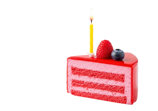 Raspberry mousse cake, pink layers, red glaze, raspberry, blueberry, flickering candle on white background with colorful letters and blurred ribbons, birthday celebration atmosphere