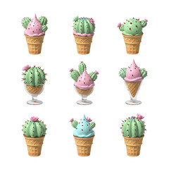 A whimsical collection of illustrated cactus-shaped ice cream cones and sundaes, a sweet and creative summer dessert concept