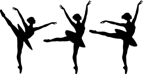 Three black silhouette ballet dancers in graceful poses white © MstRezia