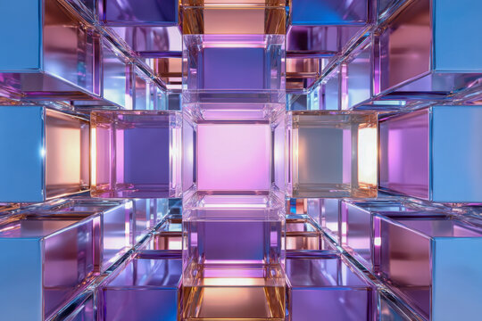 Colorful translucent cubes arranged in a futuristic geometric pattern creating a mesmerizing holographic digital art composition with glowing reflections