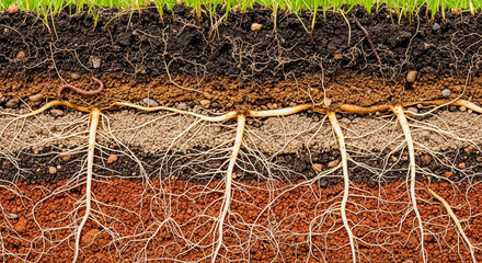 Underground soil layers with visible root systems