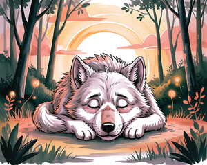 Cute Sleeping Wolf Cartoon in Enchanted Forest