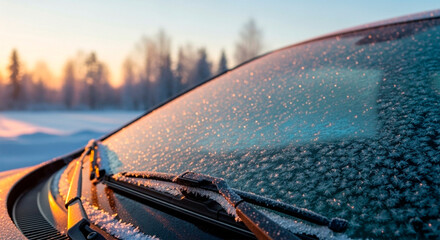 Frozen windshield with icy patterns and sunrise glow