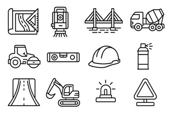 Transport Engineering Icons. Transport Engineering linear icon set. blueprint, survey tool, bridge pylon, concrete mixer, road roller, level tool, helmet, marking paint, plan sheet