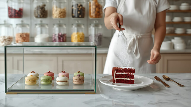 Baker cutting a slice of red velvet cake in a bright, modern bakery with macarons on display, showcasing culinary expertise and a sweet treat moment.