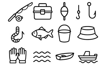 Fishing Gear Icons. Outdoor Fishing Set linear icon set: fishing rod, reel, tackle box, float, hook, bait, fish, hat, bucket, gloves, waves, boat