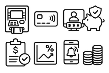 Modern Banking Icons. Modern Banking Solutions linear icon set. ATM machine, contactless card, secure login, savings icon, budget tracker, interest chart, mobile alert, coin stack