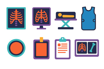 Modern X-ray Icons. X-ray objects flat icon set: x-ray sheet, imaging screen, radiology table, protective apron, scan button, film holder, clipboard notes, lightbox panel