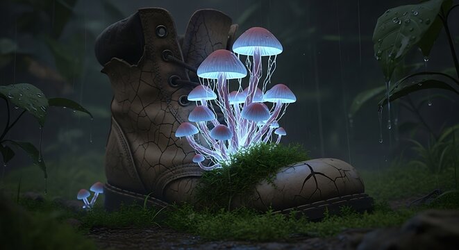 Mystical glowing fungi growing out of weathered boot in magical forest