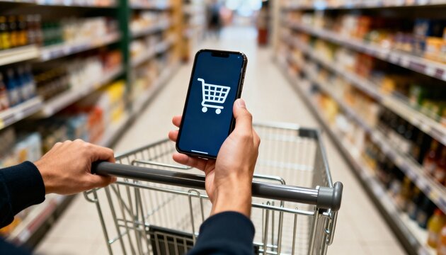A person is pushing a shopping cart in a grocery store aisle while looking at a smartphone displaying a shopping cart icon, representing mobile shopping or list management.