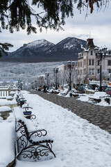 View over a resort-town of Zheleznovodsk with Beshtau mountain in the background in winter