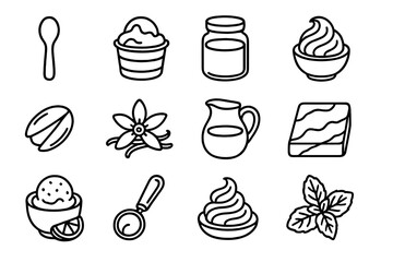 Gelato Icon Set. Artisanal gelato linear icon set: wooden spoon, pastel cup, glass jar, pistachio, vanilla flower, milk jug, marble counter, frozen bowl, scoop tool, fruit garnish
