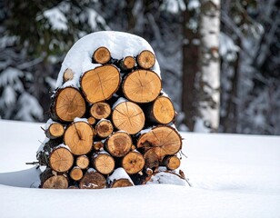 Snow Covered Wood Pile in Winter Landscape