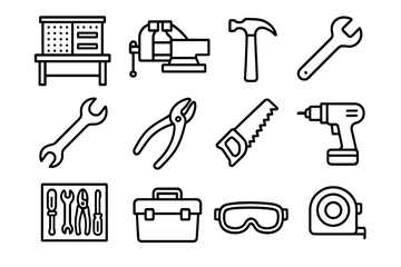 Workshop Tools Icons. Workshop Set linear icon set. workbench, vise, hammer, screwdriver, wrench, pliers, saw, drill, tool rack, toolbox, safety goggles, tape measure. , .