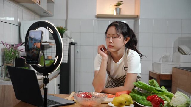 Bored or frustrated Asian food vlogger looking stressed during a cooking live stream, facing creative block or technical difficulties in the kitchen