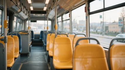 Empty bus interior with seats without passengers in public transport.