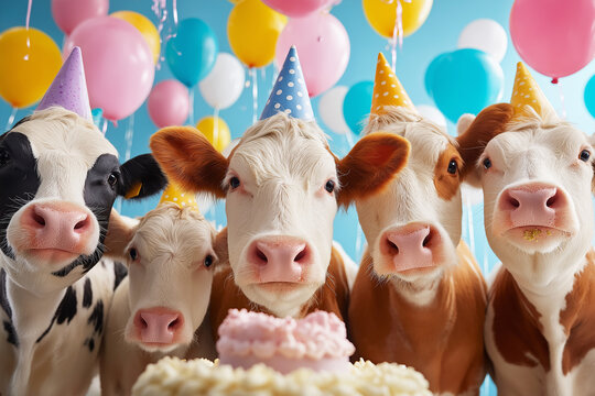Cows wearing party hats celebrate a birthday in a bright party room. Colorful balloons and cake add festive mood.