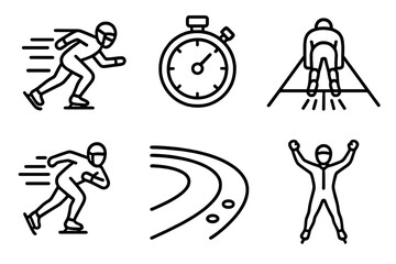 Speed Skating Icons. Speed Skating linear icon set. aerodynamic suit, stopwatch, starting line, ice lane, fast motion, victory pose.