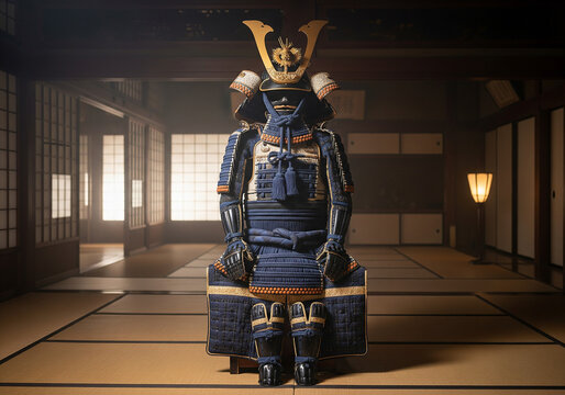 Full-body Japanese Samurai armor display, historical and powerful mood, traditional warrior suit in a house, against shoji screens and tatami mats