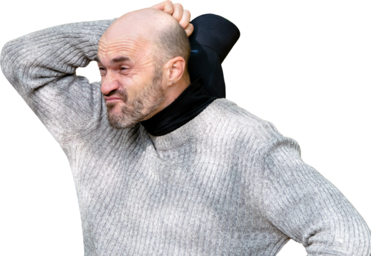 Confused or thoughtful bald man scratching his head, expressing doubt or deep thought. Isolated on a transparent background, perfect for various design projects and conveying uncertainty. - Powered by Adobe