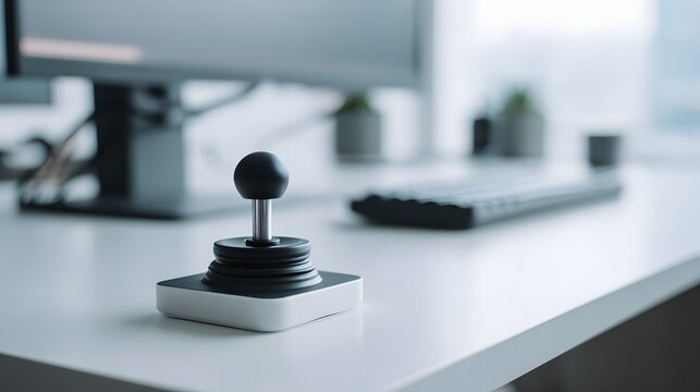 Ergonomic black joystick controller on a minimalist white office desk.