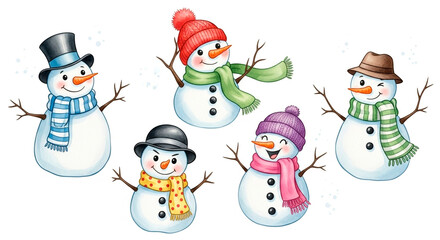 Watercolor Set of Cute Snowmen Isolated on White Background