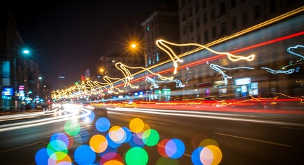 City street at night with light trails and bokeh effects image
